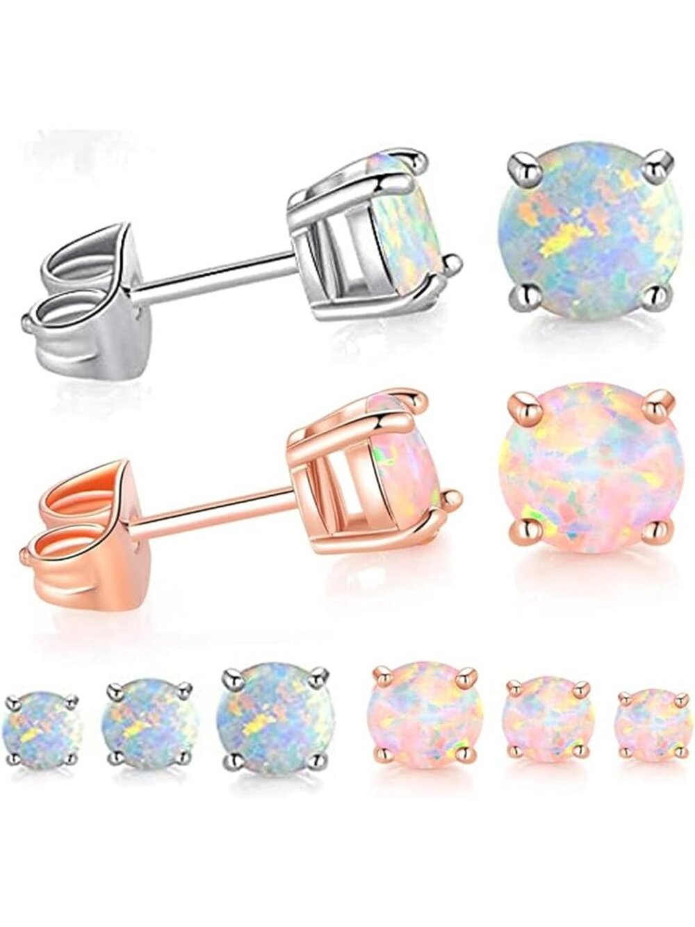 6 Pairs Opal Stud Earrings Set - Silver, Rose Gold & Blue Small Earrings